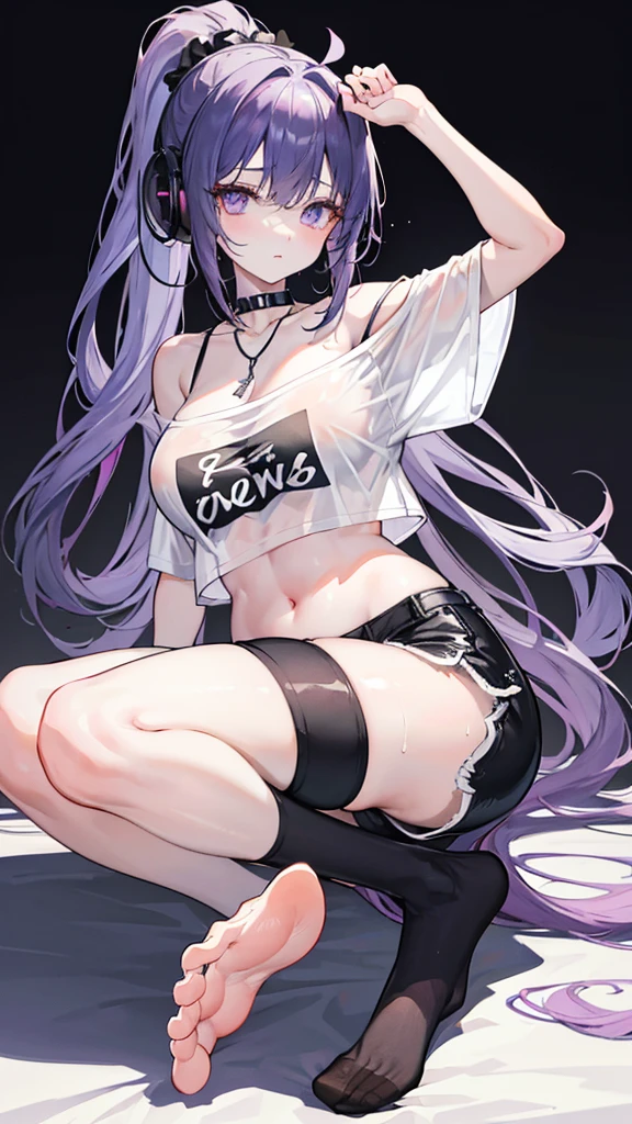 Girl 170cm, thin waist, purple eyes, long silver hair, big hips, small breasts, wearing a T-shirt, underwear, kneeling, no panties