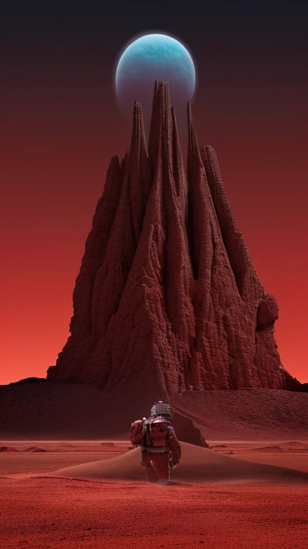 a flat desert of red sand, ruins of an ancient city, night, dark atmosphere, a cosmonaut walks from behind, a mountain of red sand in the distance, a turquoise-blue planet high in the sky, a giant tower glittering in the distance, giant monster skull on the ground, dark atmosphere, H.R. Giger, realistic, ultra-detailed, moebius