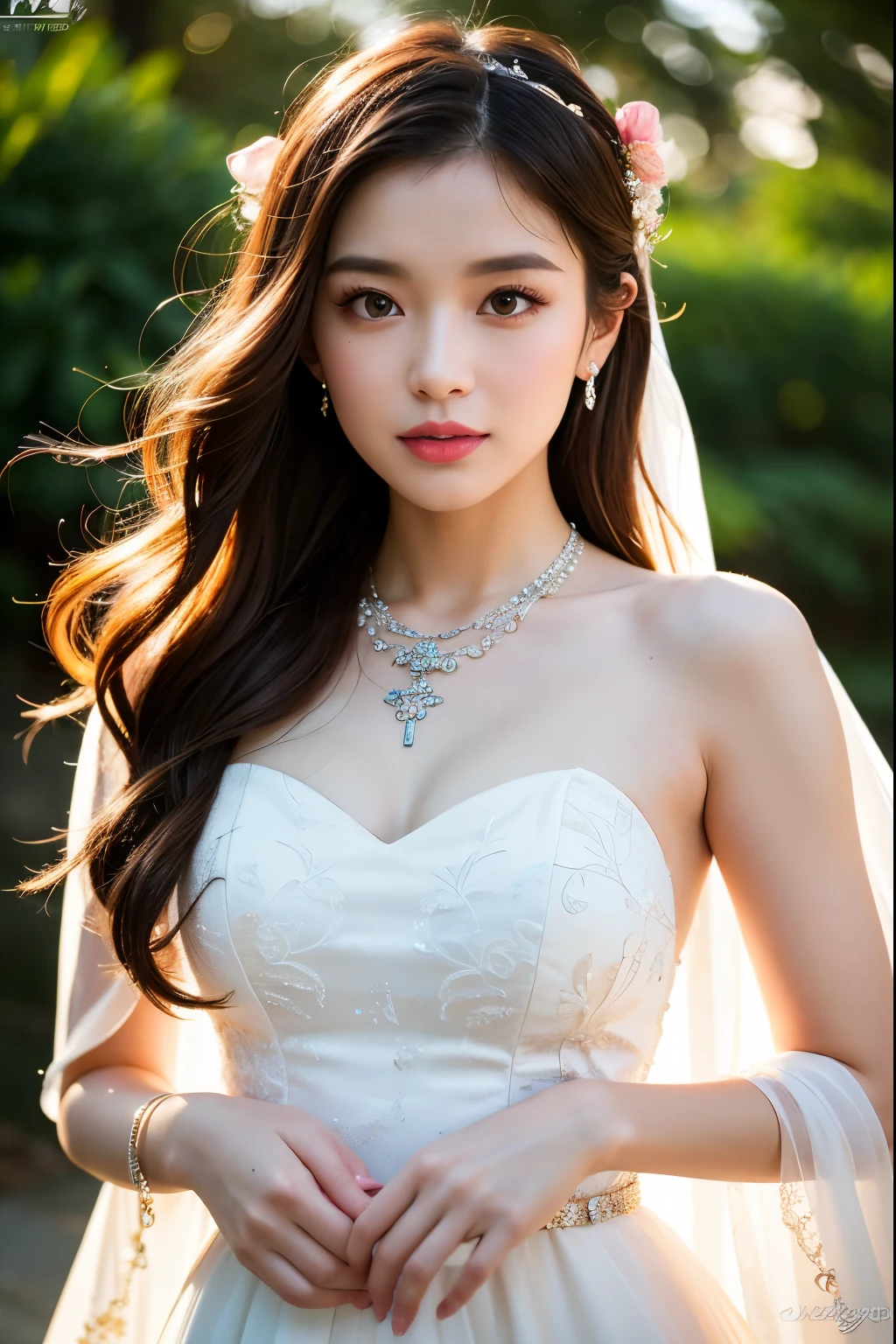 1 girl, Fair-skinned, Suess, Glare from the sun, Wedding Dresses, thin,  Lace pattern, bridal veil, bokeh, deep depth of field, blurred background, light particle, high wind, Head tilt, long-haired, enormous breasts, big name, Open shoulders, See all over, Long slender legs., small waist