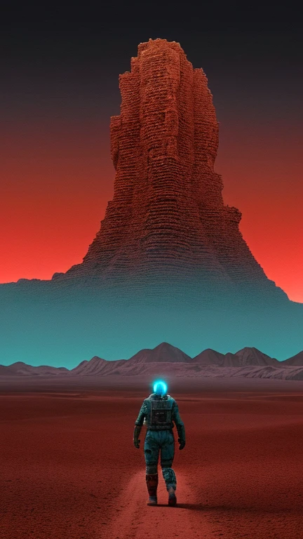 a flat desert of red sand, ruins of an ancient city, night, dark atmosphere, a cosmonaut walks from behind, a mountain of red sand in the distance, a turquoise-blue planet high in the sky, a giant tower glittering in the distance, giant monster skull on the ground, dark atmosphere, H.R. Giger, realistic, ultra-detailed, moebius