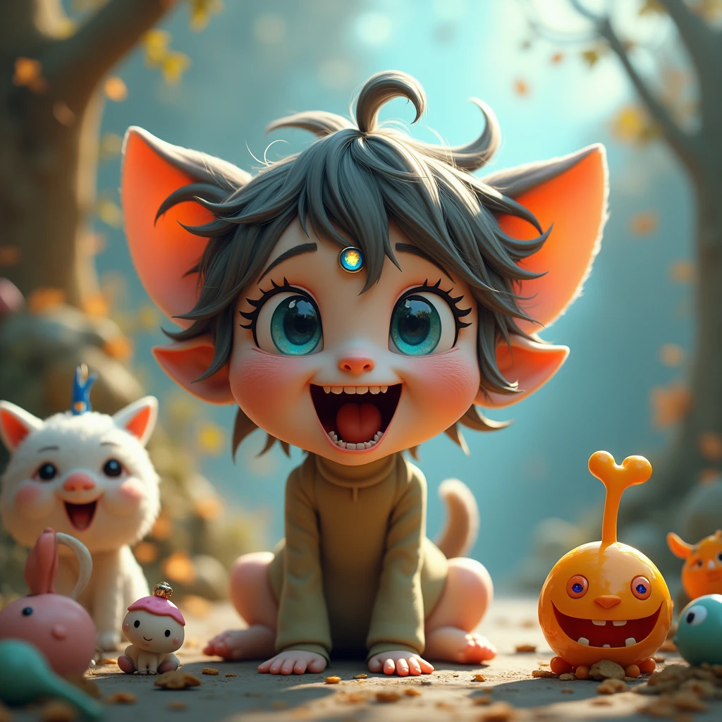 "Cute Monsters": A cute and whimsical illustration featuring friendly monsters in vibrant colors, with silly expressions and playful interactions, ideal for a light-hearted and ???-friendly Halloween, Ultra realism, color field printing, high detail, UHD, 8k, anatomically correct, cinematic lighting 4d quality --auto --s2