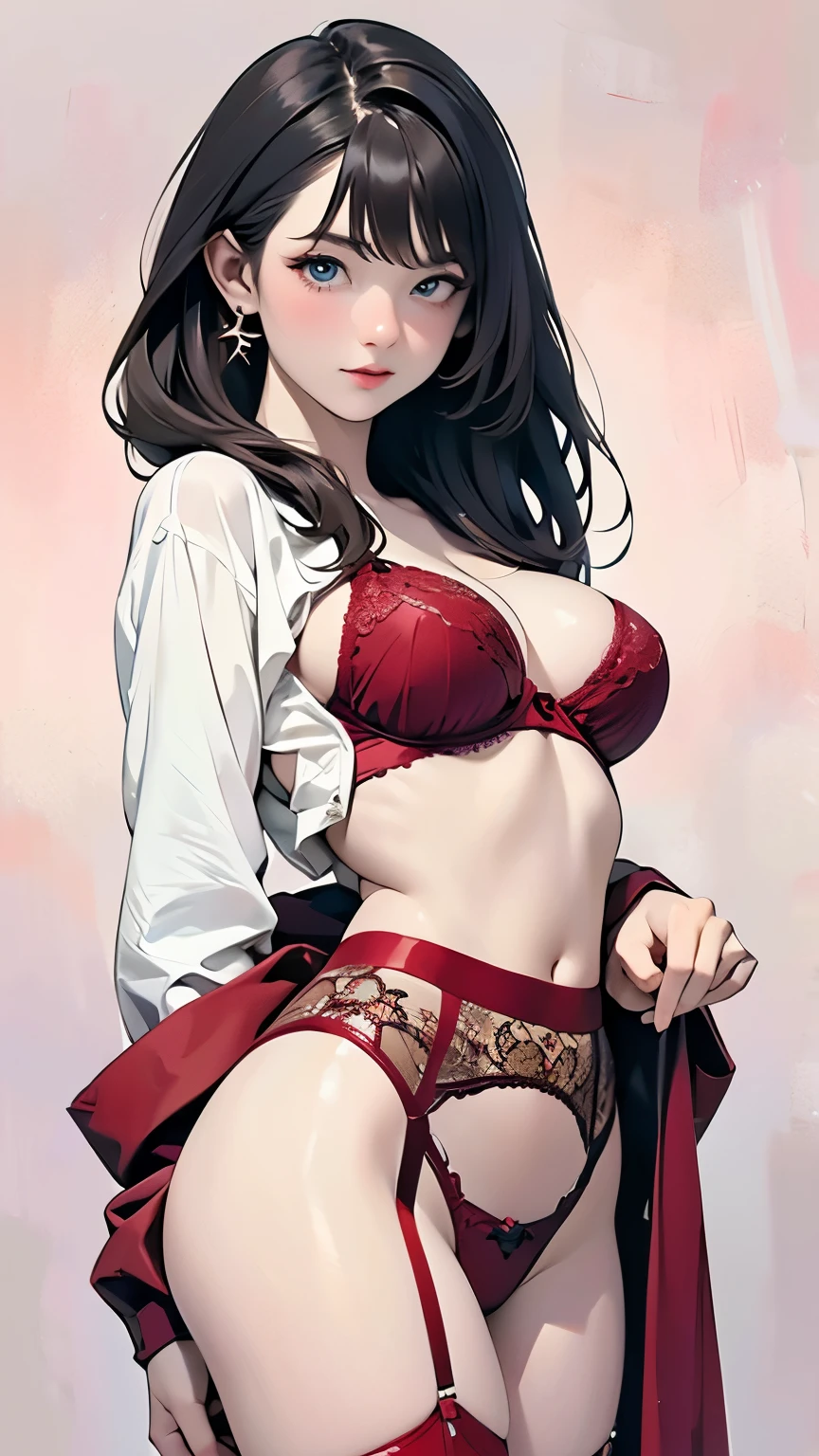 Best Quality、masterpiece、Ultra-high resolution、8k、Very beautiful illustration、Model、Beautiful Face、Beautiful Eyes、Brown Hair、bangs、Straight Hair、下着Model、Underwear with extremely intricate patterns、Crimson Bra、Crimson Panties、Red Garter Belt、Crimson Stockings、、Simple Background、Solid color background