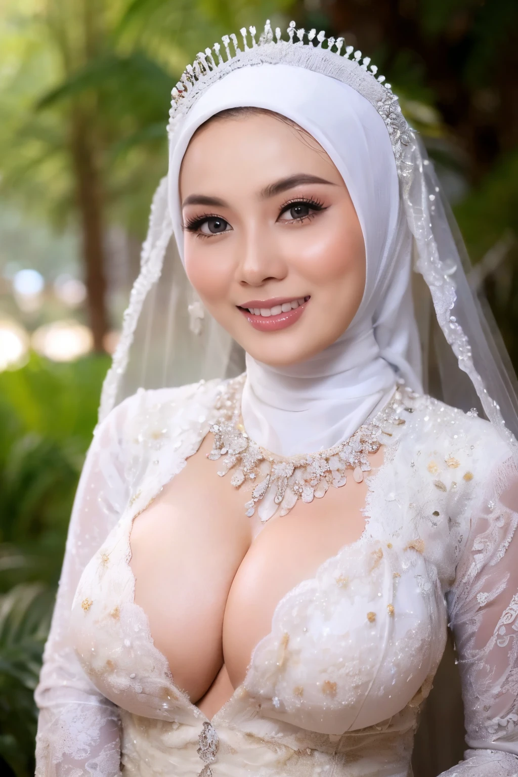 Hyper realistic, Beautiful hijab girl, (wearing white hijab), nude, naked, (open breast, breast out), luxury necklace, White Skin, Perfect Potrait, Bokeh Effect, Look at Viewer, ((adorable:1.2)), ((masterpiece:1.1)), ((bokeh:1.2)), (dynamic seducing pose), seductive smile, flirting eyes,Clear focus: 1.2, 1 indonesian hijab girl, georgeus sexy wedding dress, white silver hijab, medium breasts, perfect nude bride, (detailed lace material), (outdoor, day light: 1.1), heavy rain forest background, Super fine face, fine eyes, double eyelids, naughty smile, slut wedding bride