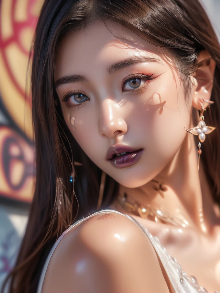 (UHigh resolution, retina, masterpiece, Accurate, Anatomically correct, Textured skin, Super Detail, Attention to detail, high quality, 最high quality, High resolution, 1080P, High resolution, 4K, 8k, 16k), (美しいAttention to detail目, Beautiful lip detail, Highly detailed eyes and face), Soft lighting, Physically Based Rendering, Vibrant colors,((((最high quality、masterpiece, 高精細CG8kイラスト, Graffiti art,Highly detailed lights and shadows, Leaning against the wall, Highly detailed face and eyes,masterpiece, 最high quality, Alone, One girl, Glowing Skin, Earrings, Splendid, Whimsical details, Dark lips, Fascinating, Fashion like Louis Vuitton、Shallow depth of field, Contrasting, Professional Model, frontを向く、front, Portraiture , Left detailed pupil,Right symmetrical pupil))), (Wide-angle),(Alone),  (Urzan-6500:0.33)、Outdoor、(((Full Body Shot,Cowboy Shot,Glossy thighs)))