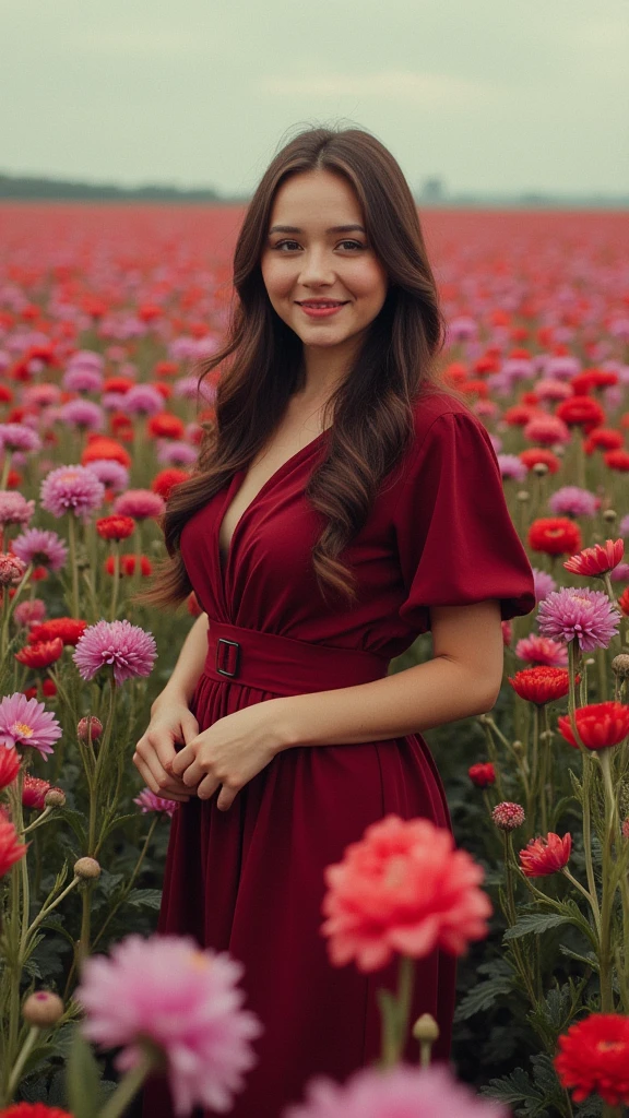 a brunette latin woman, wearing light red lace dress with embroidered details, black shoes, worked, latin woman in a beautiful wildflower garden, high definition, amazing. photograph of a stunning girl, in the garden, light red lace dress, enjoying, girl, hot girl, (((normal bust))), brunette hair, long_hair, black shoes, luxurious, looks at the camera, symmetrical face, photorealistic, photography, spectacular lighting,, wonderful, cleavage, western, (masterpiece), best quality, high resolution, extremely detailed, skin with pores, blurred background, depth of field, cinematic lighting, latin, smile