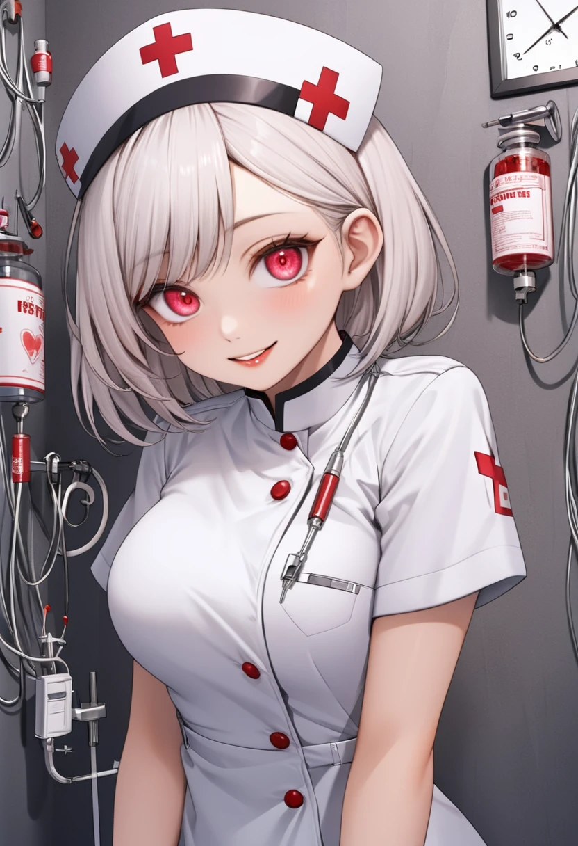 UHD, masterpiece, anatomically correct, super detail, high details, best quality, 8k,perfect beauty 1girl, oily skin, random Breast size、random hair style、random hair color,nurse uniform,nurse uniform,nurse cap, crazy eyes, mismatched pupils, smile, anime style, retina,hug a large syringe, heart,,,,,,,one small cute monster, madness cute, strange shape, her lovingly embraces monster,,,,,,(desolate laboratory, terrifying, full of madness,Broken syringes, lab equipment and rotten liquid on the wall)