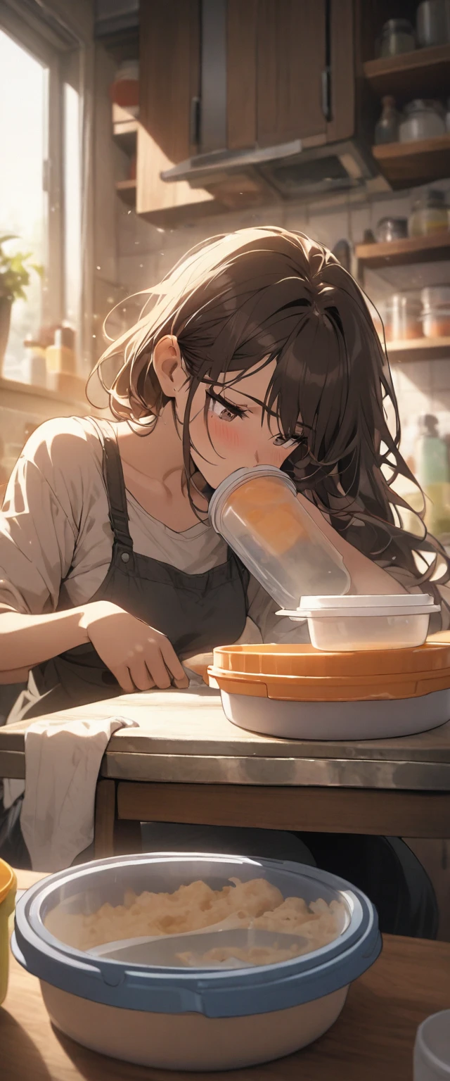 Close-up of face, woman with brown hair and mouth masturbator, freckles on face, mouth wide open, drool dripping from mouth, drooling, back of throat visible, watery eyes, deep throat, inside toilet bowl
