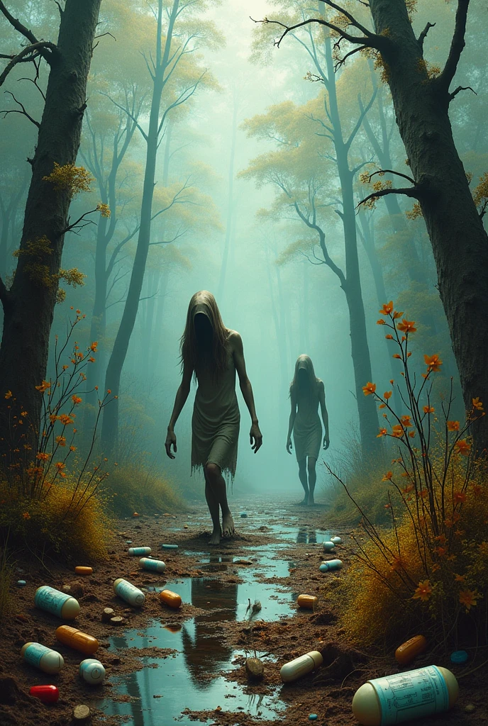 A forest shrouded in mysterious fog、Silhouettes of multiple naked women in the depths of the forest