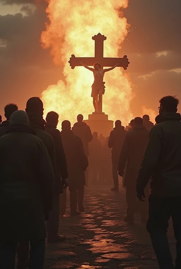 Image of a crowd gathered around a cross, very epic atmosphere, cruz, captura de tela do filme, Holy, Efeitos visuais impressionantes, na captura de tela do filme 300, cena de abertura, Directed by: Aleksander Kobzdej, Tiro VFX, Santa Cruz, cruzada, epic vfx shot, amazingly epic visuals, Directed by: Alexander Mann, cena visualmente impressionante
