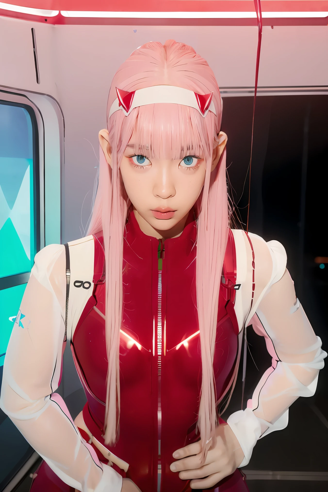 dynamic angle,ultra-detailed, illustration, straight on, 1girl, ((Zero two, interface headband with a pair of horns, red bodysuit:1.4, pink hair)), Her eyes shone like dreamy stars,(glowing eyes:1.233),(beautiful and detailed eyes:1.1),(expressionless, closed mouth),(standing), (mechanic room with tools and spaceship window in a white SPACESHIP), (night:1.2), dreamy, dynamic pose,