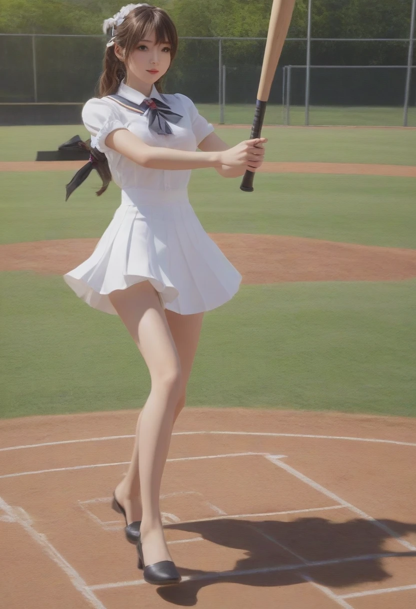 1girl, medium breasts,school uniform,
batting stance, baseball bat,  speed lines, motion blur, motion lines,
from above, feet out of frame, looking ahead, naughty, american arch, open mouth,
masterpiece, best quality, very aesthetic, absurdres