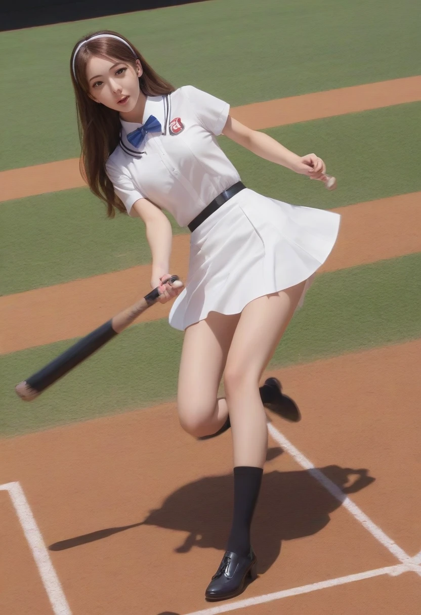 1girl, medium breasts,school uniform,
batting stance, baseball bat,  speed lines, motion blur, motion lines,
from above, feet out of frame, looking ahead, naughty, american arch, open mouth,
masterpiece, best quality, very aesthetic, absurdres