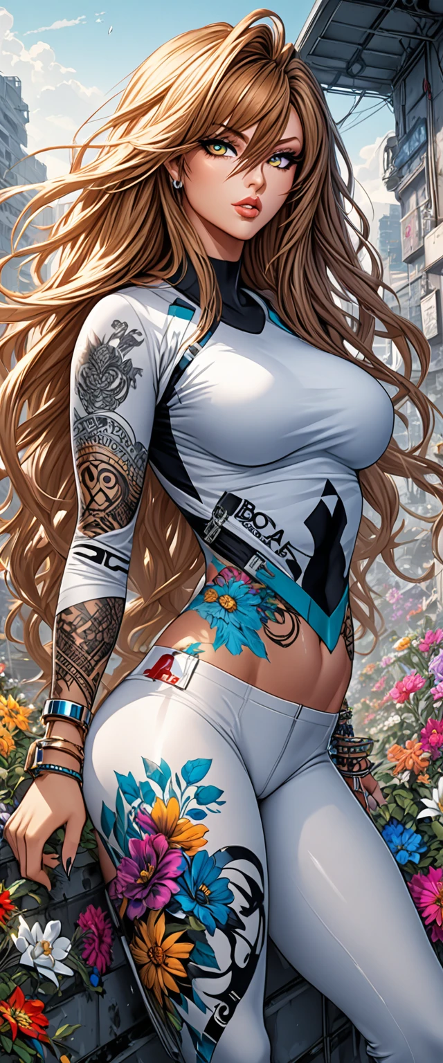 ::jae lee and yoji shinkawa  style ::2.0 comix illustration style,tatoon style ,  ashley alexiss  ,beautiful woman with long  hair ultra detailed, (beautiful and clear background:1.2),, fantastic paintings ,graffit style,  flowers, olhos altamente detalhados , a white t-shirt or dressed in a jaeans jacket mulher super detalhada no estilo anime , cabelos ultra detalhados com um leve efeito de brilho , olhos, boca, e nariz com super detalhe de fidelidade , corpo perfeito e ultra detalhado , roupa estilo futurista colante com efeitos de várias cores e estampas estilo tatuagem super detalhado e intricado , braceletes nos braços de grafiáto nas cores preto ,cinza e branco ultra detalhados , face séria e sensual , best quality, high quality, extremely detailed cg unity 8k wallpaper, hdr, trending on artstation, trending on cgsociety, high detail, art by midjourney
