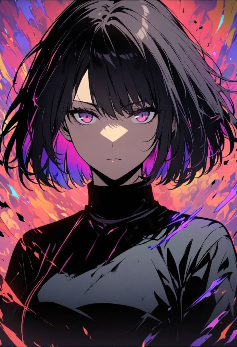  Solitary, woman, Bob Hairstyle, Colorful hair, Powerful gaze, Black Turtleneck Sweater, Upper Body, front