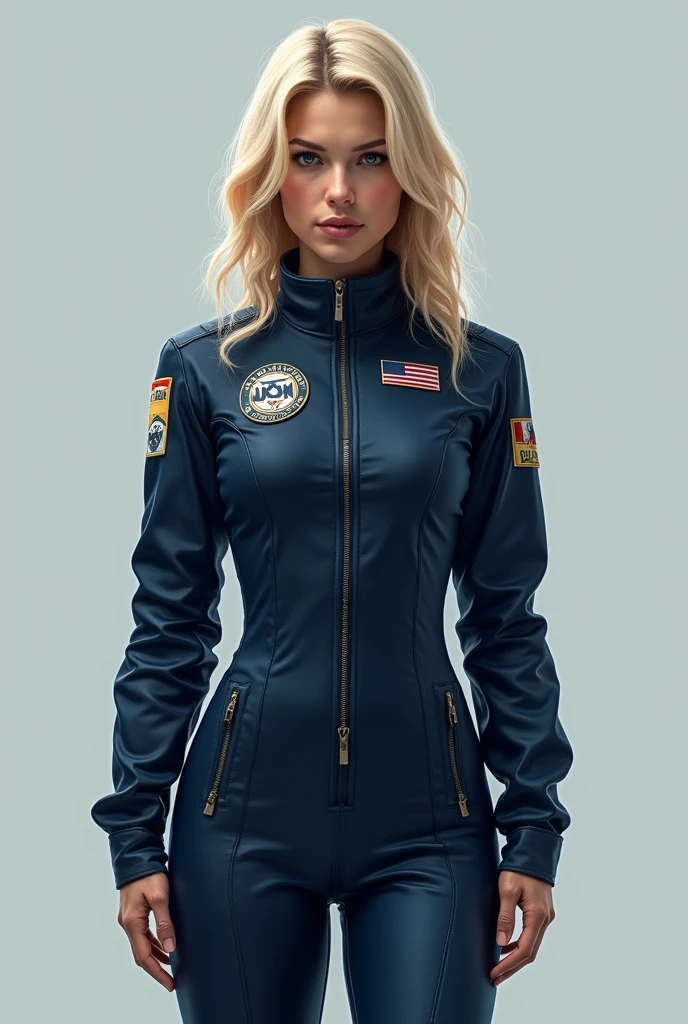 skylarValentineTi02 wearing a long-sleeved flightsuit standing in front of a SR-71 blackbird aircraft