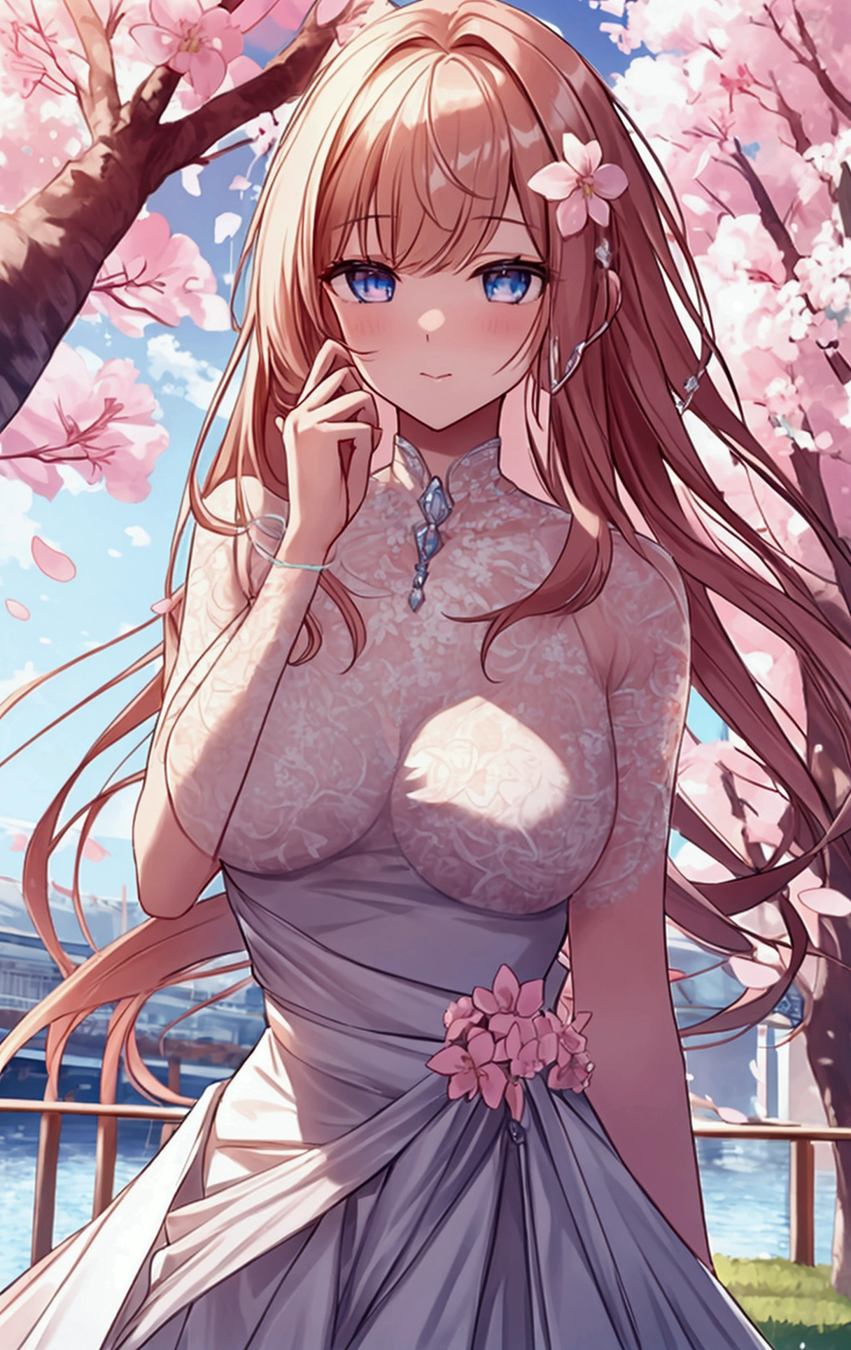 {{{masterpiece}, }}, {Highly detailed CG Unity 8k wallpaper}, wonderful, In detail, Alone, {{Floating Hair}, }, {{cherry blossoms}, }, Outdoor, null, {{wind}, }, Detailed Background, Beautiful fine details, See-through:Evening Dresses:0.3, Clevis, Bright Eyes, {{whole body}, }, Dynamic pose, Dynamic Angle, Clevis, View your viewers, Detailed clothing, Cinema Lighting, close, Best Quality, NSFW