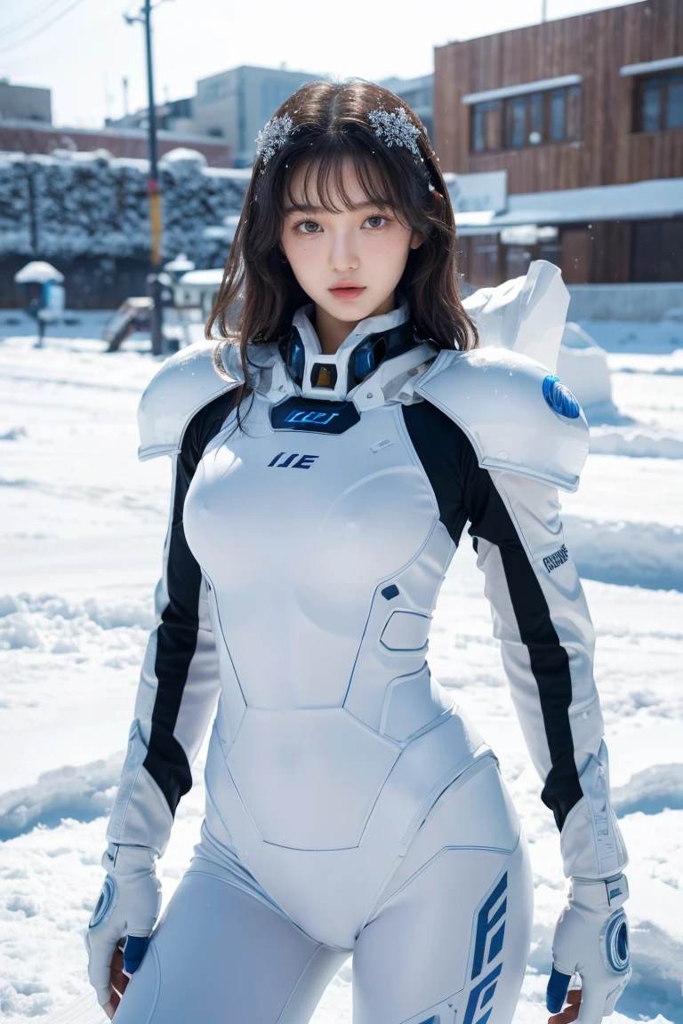 1 girl, Lovely, Ice and Snow World, alone, skinny, wind, Mecha suit, whole body, pretty face, Decorated with intricate patterns and delicate lines, Mecha suit