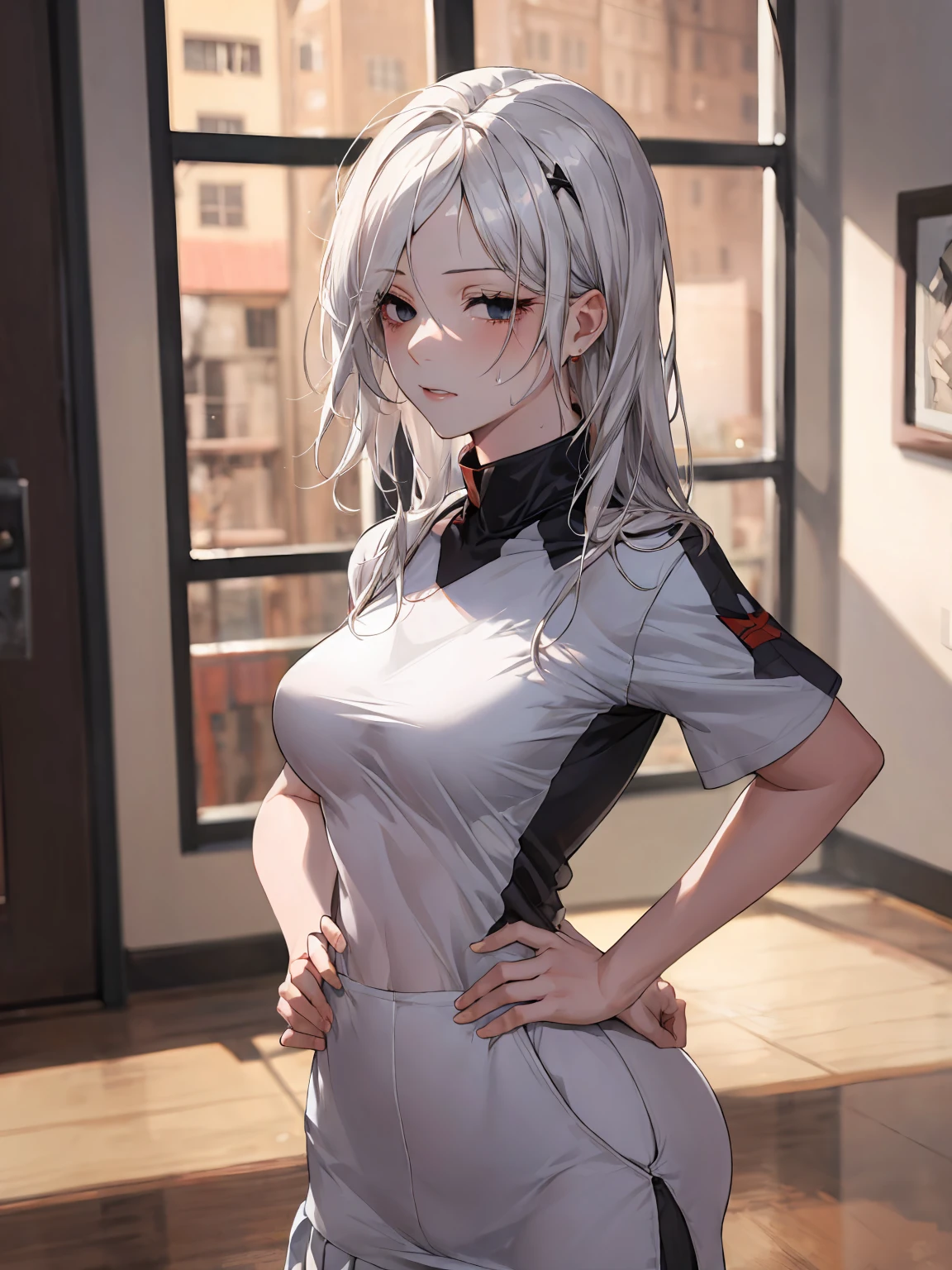 masterpiece, 1girl, (clothes lift, mouth hold), white shirt, nipples, no_bra, office, cute, embarassed, femine, delicate,gorgeous, night, cozy BREAK miwakasumi, light_blue_hair,blunt bangs, long hair, black pants