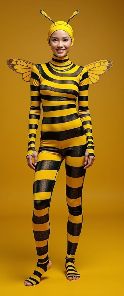 The most beautiful,thin,most pretty and clever Malaysian muslimah adult girl wears yellow bee lycra turtleneck unitard catsuit covered with bee stripes with a pair of wings.She always wear bee lycra dancewear stretchy hijab covered with many stripes with a pair of long antennae.