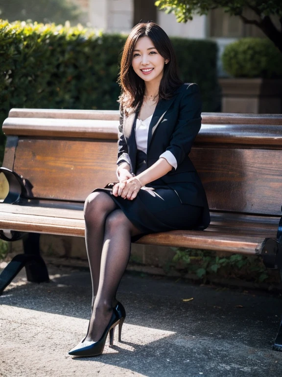 Best Quality, masterpiece, Realistic, High resolution, [8K RAW Photos,Alone, 1 person, Medium length hair、Sitting on a bench、Glamorous figure、face away、Grin,High heels、skirt、((Midnight:1.5))、Shooting with flash、Company uniform、open mouth