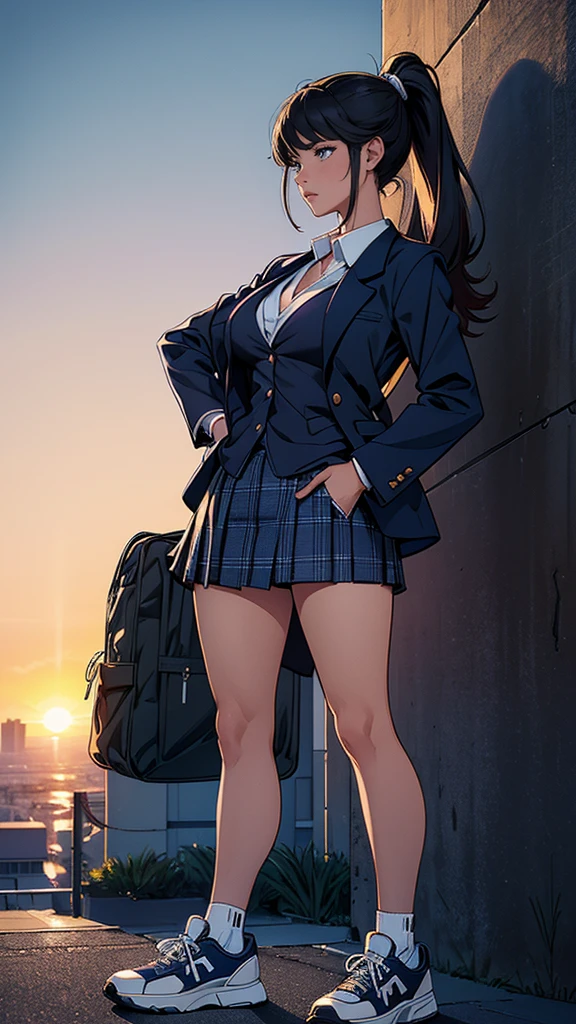 Highest quality,masterpiece,High resolution,Anatomically correct,solo,Best Quality,Ultra high definition,Textured skin,woman,Center parted ponytail,Large Breasts,Perfect Style,Background blur,far and near method,High school girl、(((She is wearing a navy blue blazer, a checked miniskirt, and sneakers.))),Sunset sky、A residential area spreads out below、Backpacks、Standing on top of a hill with my hair blowing in the wind、