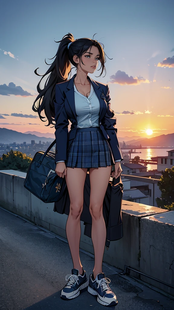 Highest quality,masterpiece,High resolution,Anatomically correct,solo,Best Quality,Ultra high definition,Textured skin,woman,Center parted ponytail,Large Breasts,Perfect Style,Background blur,far and near method,High school girl、(((She is wearing a navy blue blazer, a checked miniskirt, and sneakers.))),Sunset sky、A residential area spreads out below、Backpacks、Standing on top of a hill with my hair blowing in the wind、