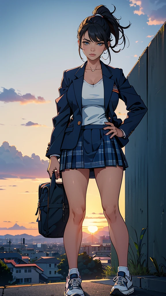 Highest quality,masterpiece,High resolution,Anatomically correct,solo,Best Quality,Ultra high definition,Textured skin,woman,Center parted ponytail,Large Breasts,Perfect Style,Background blur,far and near method,High school girl、(((She is wearing a navy blue blazer, a checked miniskirt, and sneakers.))),Sunset sky、A residential area spreads out below、Backpacks、Standing on top of a hill with my hair blowing in the wind、