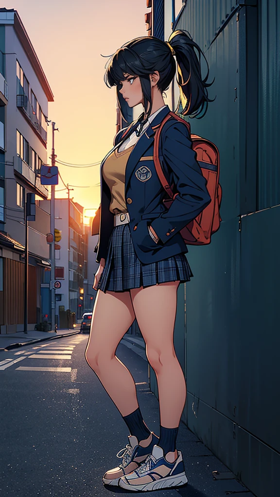 Highest quality,masterpiece,High resolution,Anatomically correct,solo,Best Quality,Ultra high definition,Textured skin,woman,Center parted ponytail,Large Breasts,Perfect Style,Background blur,far and near method,High school girl、(((She is wearing a navy blue blazer, a checked miniskirt, and sneakers.))),Sunset sky、A residential area spreads out below、Backpacks、Standing on top of a hill with my hair blowing in the wind、