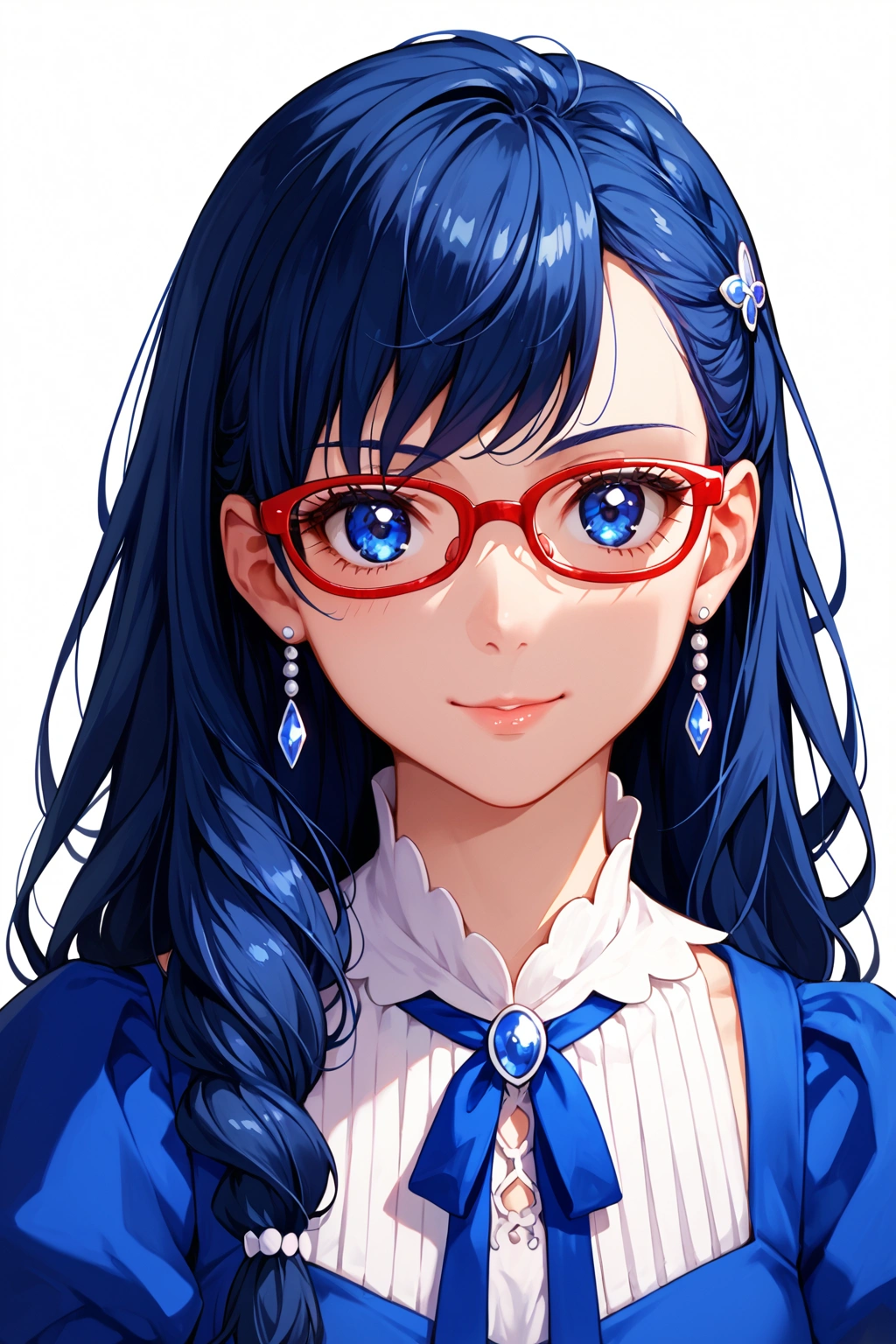 score_9, score_8_up, score_7_up, sourse_anime, (1girl, solo), hishikawa rikka, hishikawa rikka (\dokidoki! precure\), dokidoki! precure, dark blue hair, side braid, long hair, blue eyes, red-framed eyewear, smile, faint lips, blue dress, white blouse, long sleeves, blue neck ribbon, face forcus, simple background, white background