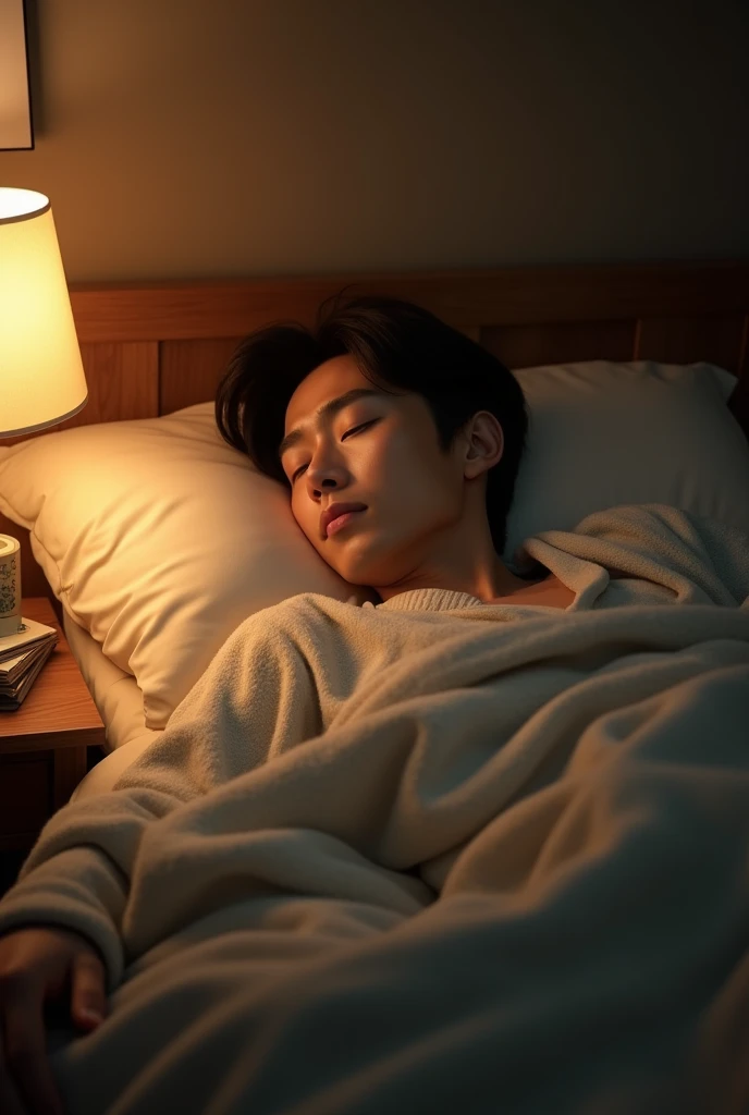 Create a Korean man who is sleeping and has a lamp on next to his bed