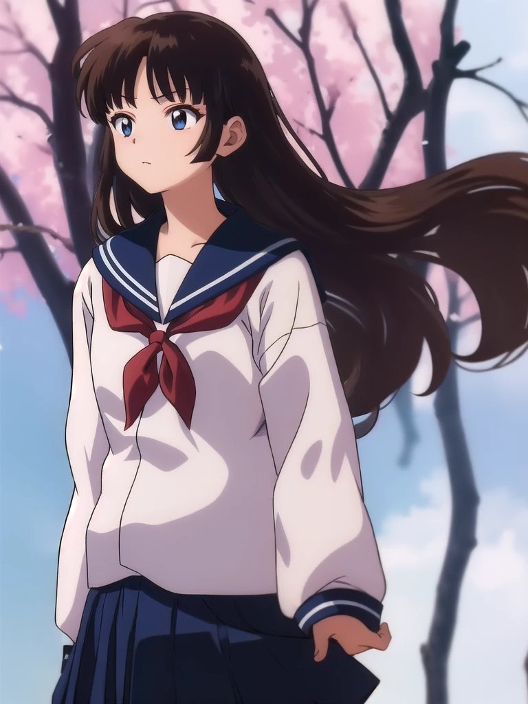 1girl, alone, japanese school uniform, sailor fuku, skirt, tie, modern school uniform, long brown hair, blunt straight bangs, straight hair, blue eyes, kaname kururugi