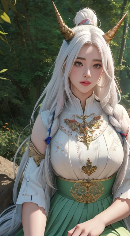 1 unicorn girl, horn in the middle of the forehead, long white hair, horse ears, yellow eyes, thin lips, round face, white skin, wearing short green archer outfit, large bust, wide hips, horse tail, horse thighs and legs, forest scenery surrounded by rocks, (best quality,4k,8k,highres,masterpiece:1.2),ultra-detailed,(realistic,photorealistic,photo-realistic:1.37),intricate details,hyper realistic,cinematic lighting,vibrant colors,fantasy,magical realism