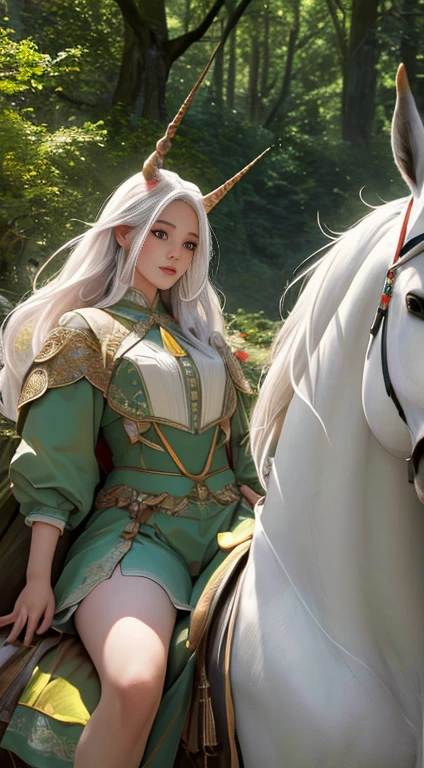 1 unicorn girl, horn in the middle of the forehead, long white hair, horse ears, yellow eyes, thin lips, round face, white skin, wearing short green archer outfit, large bust, wide hips, horse tail, horse thighs and legs, forest scenery surrounded by rocks, (best quality,4k,8k,highres,masterpiece:1.2),ultra-detailed,(realistic,photorealistic,photo-realistic:1.37),intricate details,hyper realistic,cinematic lighting,vibrant colors,fantasy,magical realism