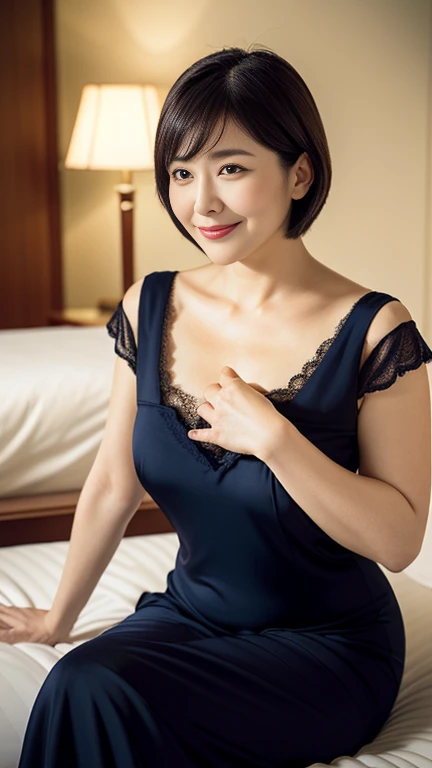 (In 8K、ultra high resolution、highest quality、Photoreal、Masseter muscle part、ultra high resolution、highest quality:1.1),(55 years old:1.1)(Mature woman in her mid 50s、(black hair、Beautiful Japan old woman:1.3)、Sexy Nightgown、(nipple:1), A hotel room、bed、mature woman、NSFW、Woman laughing、