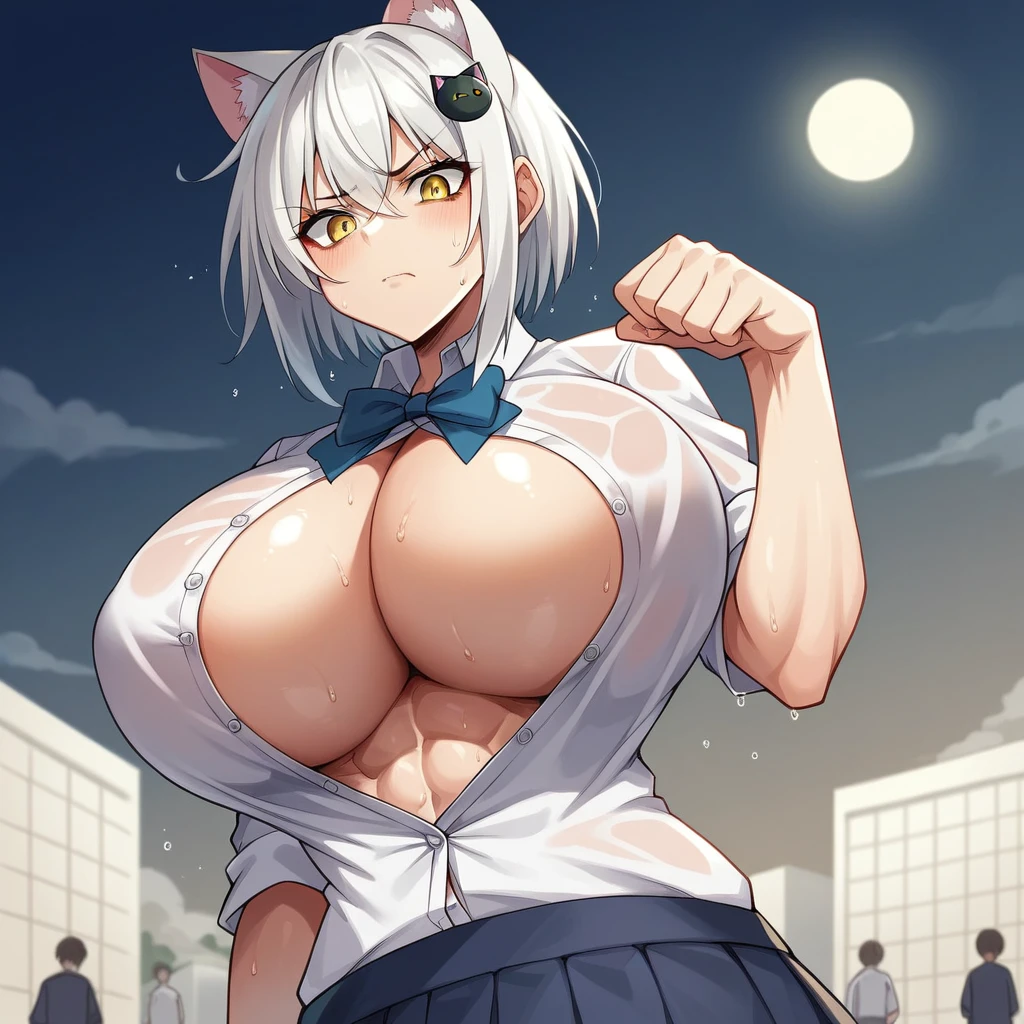 Massive breasts, {Ultra gigantic breasts} massive cleavage, toned abs, giantess growth, wet, school, school uniform, popped buttons, disgusted look, color, (koneko_tojou, hair ornament, white hair, short hair, yellow eyes, solo, cat hair ornament)