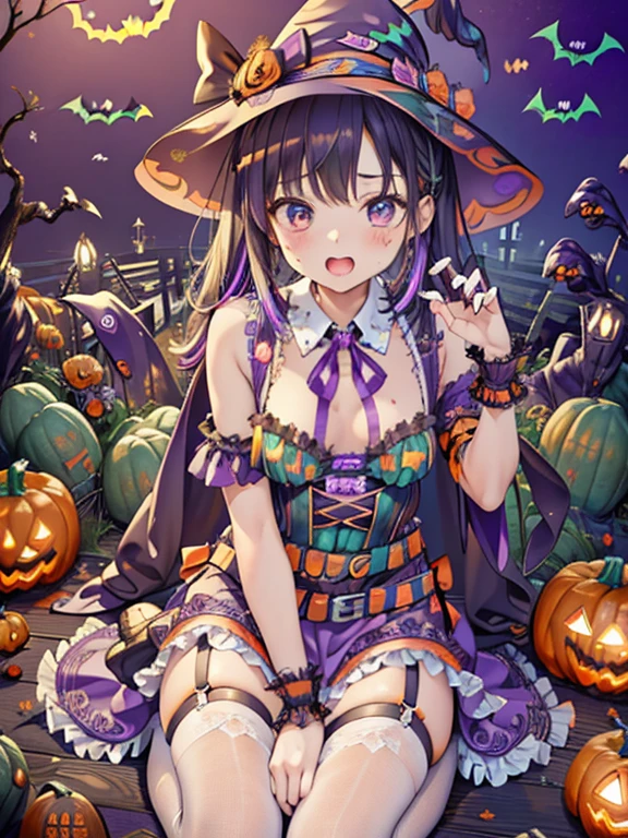 masterpiece, the best, the best, Official Art, Beauty: 1.2), (One Girl), Very detailed, (Fractal Art: 1.3), ((Halloween colorful: 1.7)), Most detailed, Purple Hair, Curly perm, Shortcuts, Big eyes, Japanese women, (Ruffled cuffs, Chiffon lace ribbon suspenders, (Pastel colored striped dress), Big ribbon hair band, Thin ribbon corset, White fishnet tights, Colorful stars) type: Beaded Accessories)、Sweating profusely、String panties、Use a toy router、White liquid splashes on face、Open your mouth、 White fluid dripping from chest、Imagine your vagina being filled、Imagine your labia majora spreading apart、Full body images、Imagine spreading your legs、Focus on the crotch、Touch your abdomen with your fingers、Obsessed with playing with her genitals
