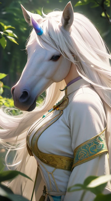 1 unicorn girl, long white hair, horse ears, yellow eyes, thin lips, round face, white skin, wearing short green archer outfit, large bust, wide hips, horse tail, horse thighs and legs, forest scenery surrounded by rocks, (best quality,4k,8k,highres,masterpiece:1.2),ultra-detailed,(realistic,photorealistic,photo-realistic:1.37),intricate details,hyper realistic,cinematic lighting,vibrant colors,fantasy,magical realism