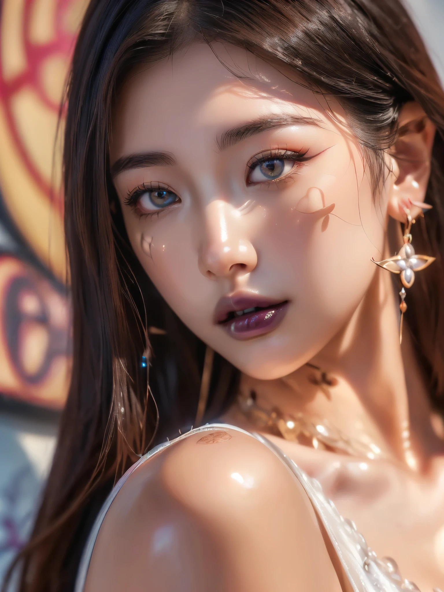 (UHigh resolution, retina, masterpiece, Accurate, Anatomically correct, Textured skin, Super Detail, Attention to detail, high quality, 最high quality, High resolution, 1080P, High resolution, 4K, 8k, 16k), (美しいAttention to detail目, Beautiful lip detail, Highly detailed eyes and face), Soft lighting, Physically Based Rendering, Vibrant colors,((((最high quality、masterpiece, 高精細CG8kイラスト, Graffiti art,Highly detailed lights and shadows, Leaning against the wall, Highly detailed face and eyes,masterpiece, 最high quality, Alone, One girl, Glowing Skin, Earrings, Splendid, Whimsical details, Dark lips, Fascinating, Fashion like Louis Vuitton、Shallow depth of field, Contrasting, Professional Model, frontを向く、front, Portraiture , Left detailed pupil,Right symmetrical pupil))), (Wide-angle),(Alone), (Urzan-6500:0.33)、Outdoor、(((Full Body Shot,Cowboy Shot,Glossy thighs)))