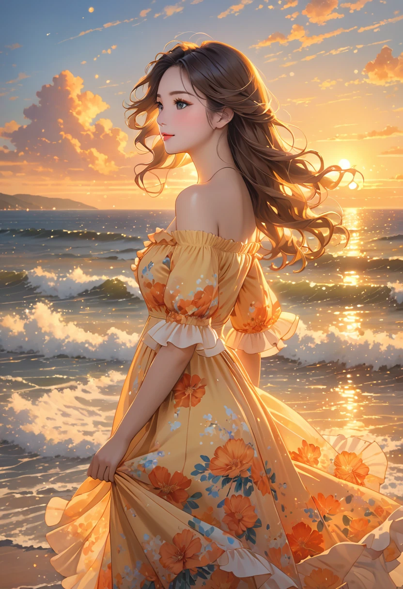 A girl wearing a pale yellow dress，The skirt swayed gently in the breeze。The orange-red glow of the setting sun gently sprinkled on her body，Illuminated her entire body，As if she herself is a part of the sunset