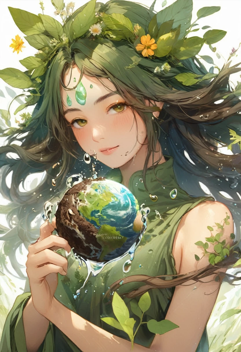 One girl, Female Earth Spirit, Earth-colored hair, Internal soil springs, Put a few drops of earth water on your skin,