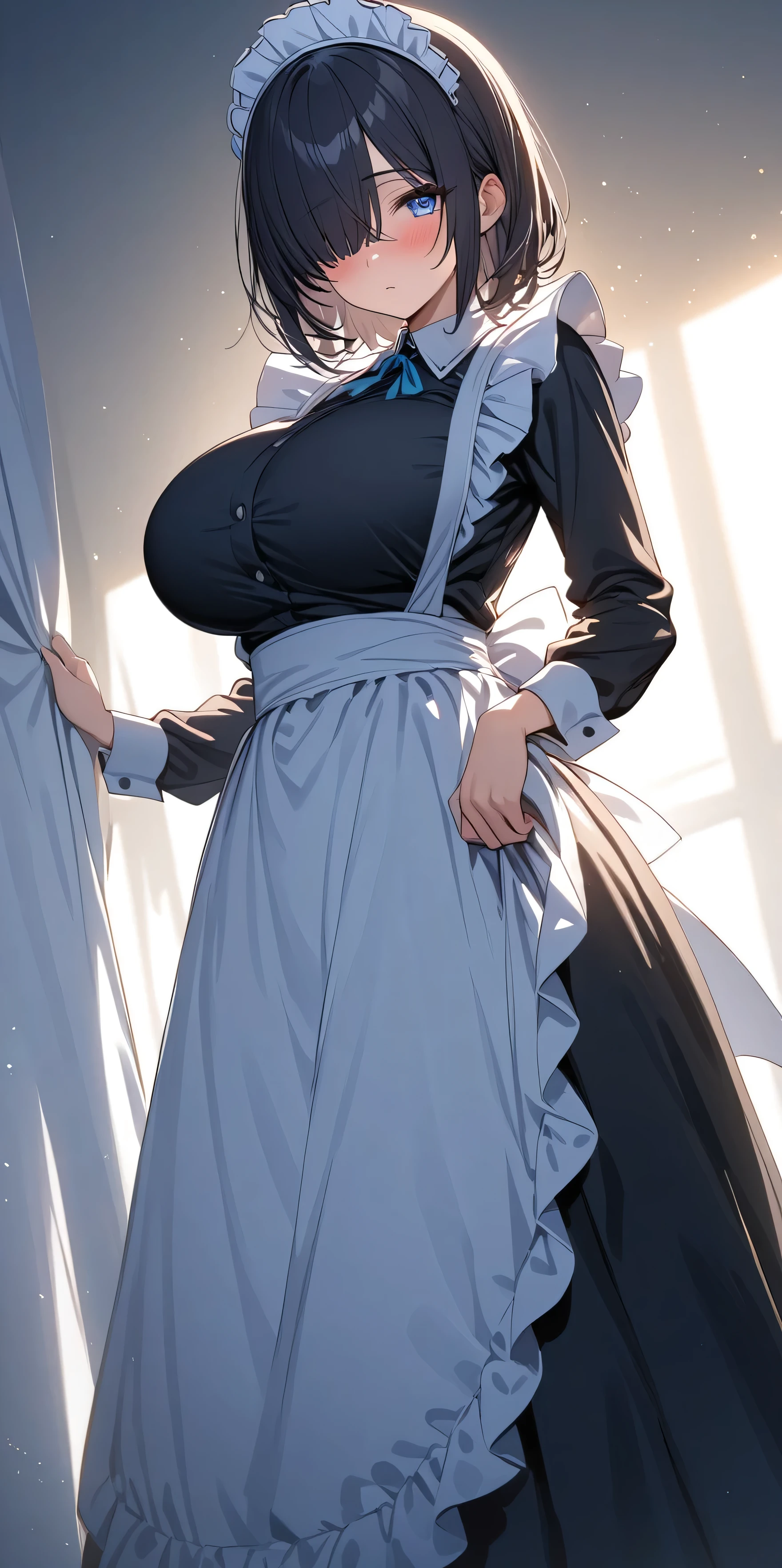 (masterpiece, Highest quality:1.2), 1girl, Black medium hair, (maid dress), growing light, ((blue eyes)), ((big breast)), light particles, long bangs, bangs, high detail, glowing light, bloom, standing, (long bangs over eyes), back light, natural light, blush, mature, long sleeves, white background