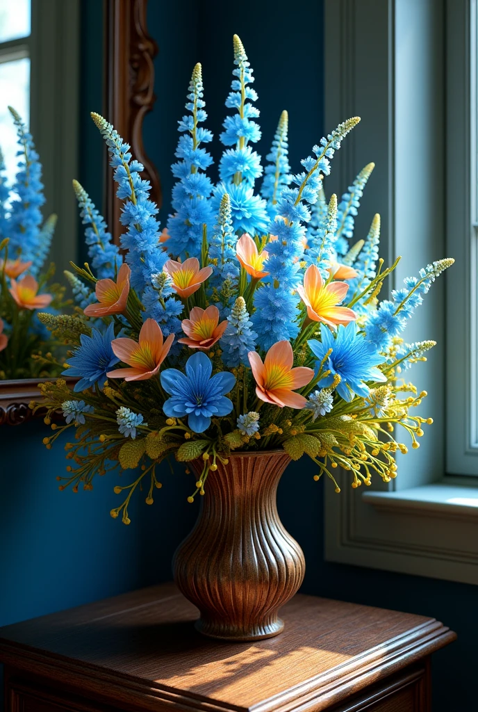 bouquet of flowers, not real, blue high, yellow below, in a carved wooden vase, on the table.
Dark wood table in the corner with a mirror.
