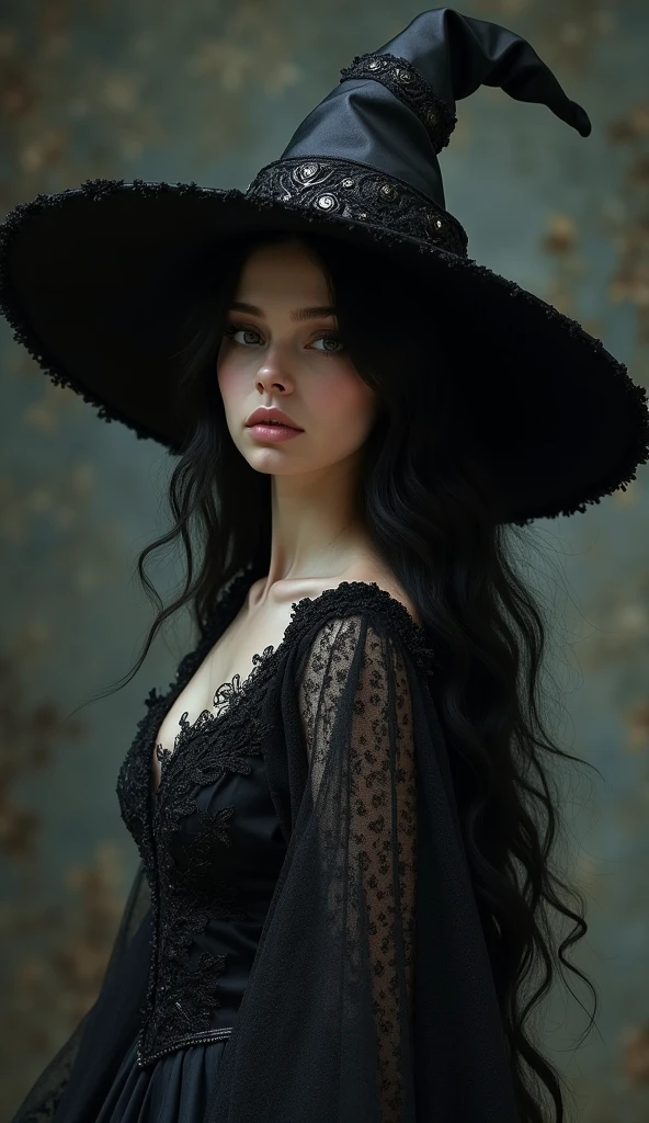 woman, long straight black hair, witch hat, medium bust, witch dress, at night, full moon in the background, looking at the camera, photorealistic