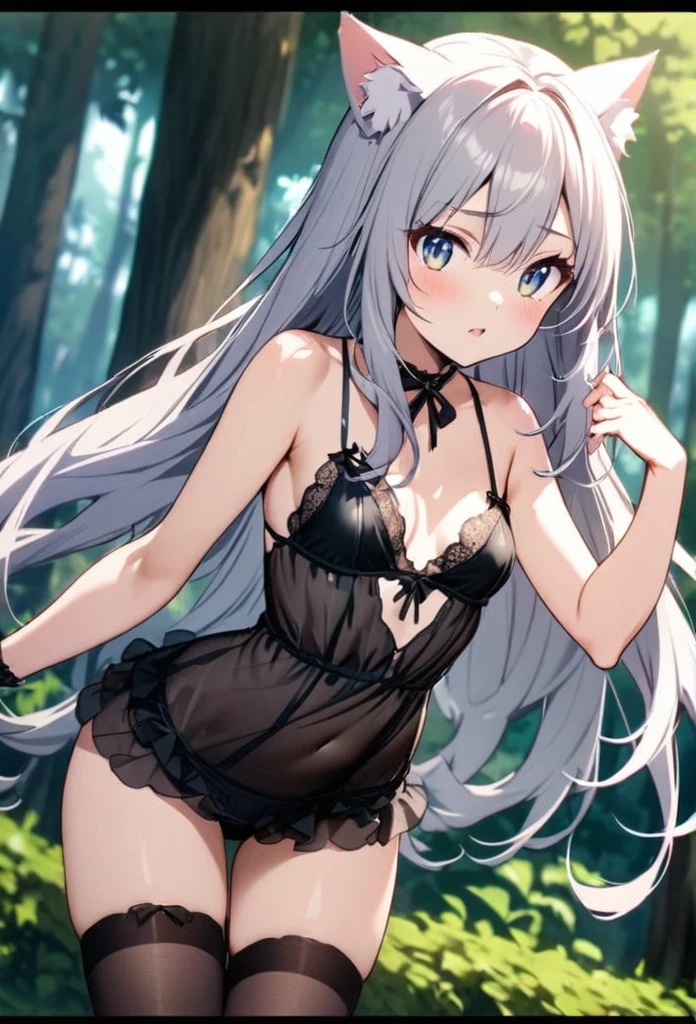 (​masterpiece)、(top-quality)、(ultra-detailliert)、 beautiful girl、Goddess bathing、silber hair、Crims、Thin white lace underwear with small area、Shoulders exposed、Large breasts、Cleavage emphasis、Thigh exposure、Springs in the forest、Wet and see-through、Composition looking up from below、Open legs