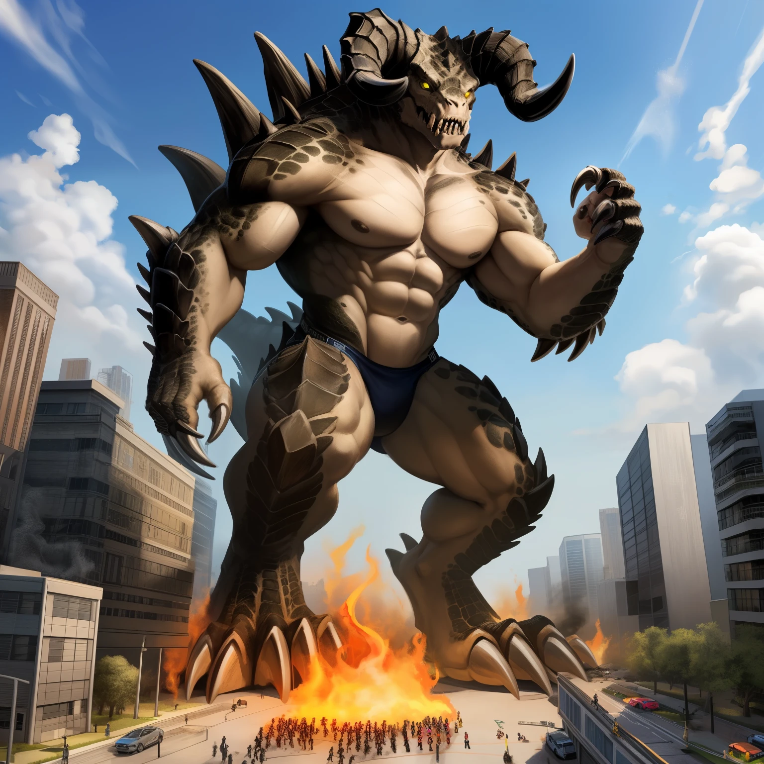 Dragon Orc,male,Strong build, silver-gray skin is covered with hard, thick scales,pair of red wings on the back。long, sharp teeth、Dragon horns and claws, giant sized, larger than city, sitting on a battlefield, stepping on building, rampage, impact, looking down, evil smile, thick arms, thick thighs, large pecs, fat pecs, bara pecs, macro, landscape dwarfing, city destruction, building destruction, ruined city, city on fire, city dwarfing, giant penis, humanoid penis, macro, macro size, enormous size, thick penis, big penis, flaccid, giant testicles, semen dripping, semen covering penis, thick semen, semen flooding, giant semen puddle on ground, big cum puddle on ground, tiny human soldiers, tiny soldiers on battlefield, dutch angle, low angle