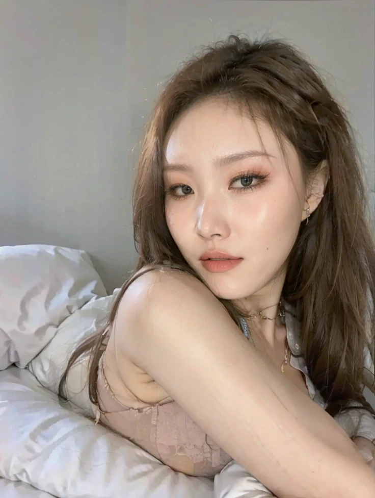 ((best quality, 8k, masterpiece: 1.3)), 1 girl, Slim Abs Beauty: 1.3, ( Casual and cute hairstyle: 1.2), : 1.1, Stressed face and angry, Detailed eyes, double eyelids, With earrings, bedroom, Concert makeup, ((Medium breasts nude, cute breasts)), (Lying in bed), (The portrait was taken from above her lying body)