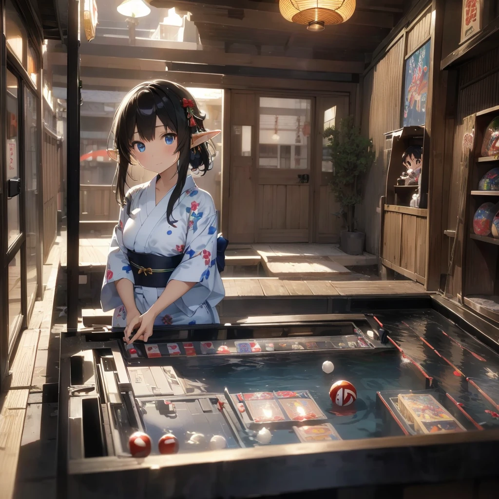 high quality, 8k. masterpiece, high quality, High resolution, A game center in a Showa-era hot spring town、nostalgic、An old game center in a hot spring town。(((Elf girl wearing a yukata)))、((Playing pinball、Playing smart ball))。