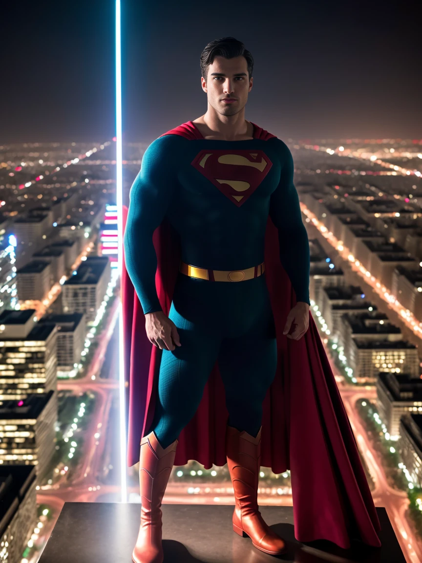 1man, A full body shot of a charismatic male fitness model, 30 years old，small beard, Sexy and charming expression，gloomy eyes，Blue eyes, captured in eiffel tower at night, wearing a Superman suit, a red cape falls behind his shoulders, and he wears red boots, night city lighting, cinematic and moody, (best quality,4k,8k,highres,masterpiece:1.2),ultra-detailed,(realistic,photorealistic,photo-realistic:1.37),HDR,studio lighting,professional,vivid colors,dramatic lighting