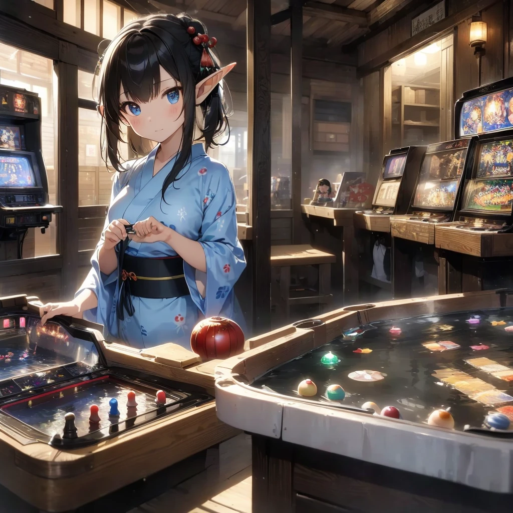 high quality, 8k. masterpiece, high quality, High resolution, Showa era hot spring town、nostalgic、Old onsen town、(((Old game center)))。(((Elf girl wearing a yukata)))、((Playing pinball、Playing smart ball))。