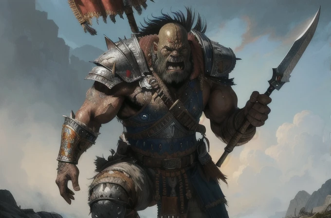 one ork, turk armor, polearm, muscular, full body focus, (masterpiece:1.2) (illustration:1.2) (best quality) (detailed) (intricate) (8k) (HDR) (wallpaper) (cinematic lighting) (sharp focus)(highly detailed face) 